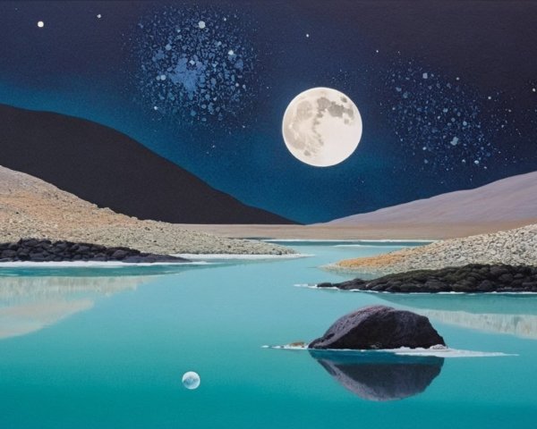 Tranquil Night Scene with Moonlit Water and Hills