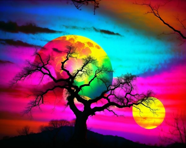 Surreal Landscape with Gnarled Tree and Luminous Suns