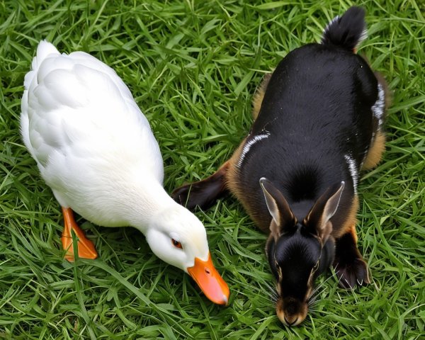 White Duck and Rabbit on Green Lawn Scene
