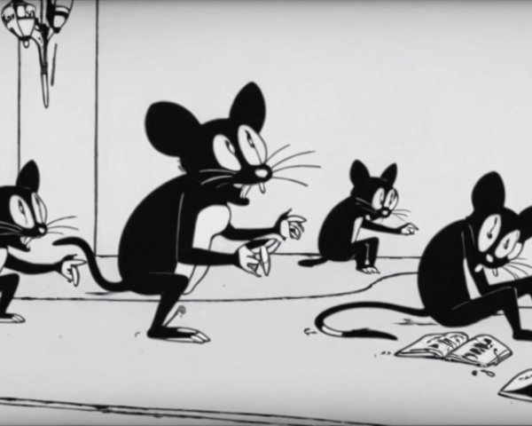 Whimsical Black and White Cartoon Mice Scene