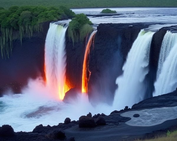 Cascading Waterfall Surrounded by Lush Greenery