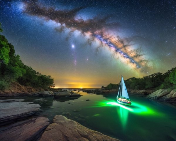 Serene Night Scene with Sailboat and Milky Way View