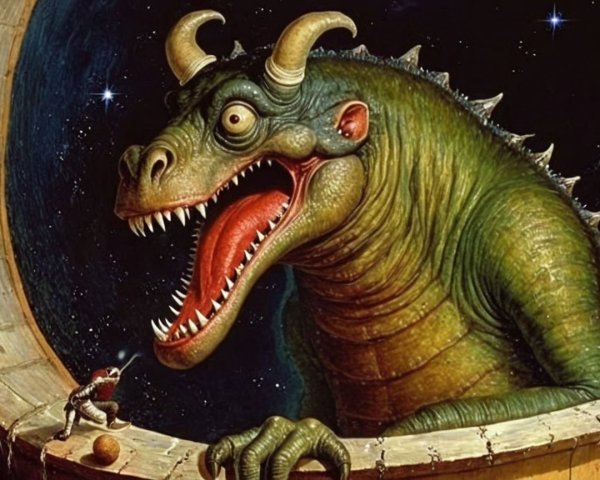 Colossal Dragon with Green Scales in Space Scene