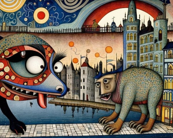 Whimsical Creatures in Colorful Fantasy Cityscape