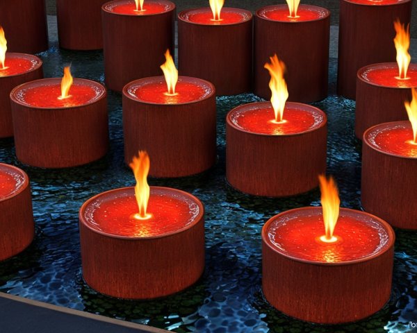 Cylindrical Candles with Flickering Flames in Water
