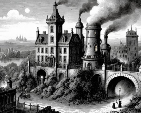 Victorian Castle Illustration with Lush Surroundings
