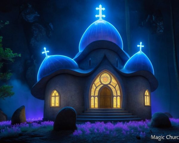 Mystical Church in Serene Forest with Ethereal Lights