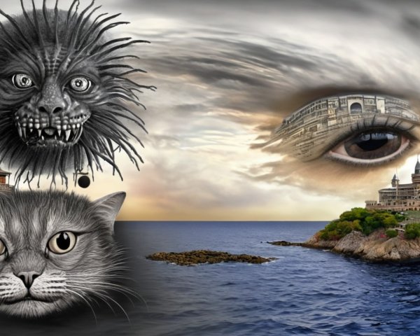 Surreal Landscape with Fantasy Creatures and Castle