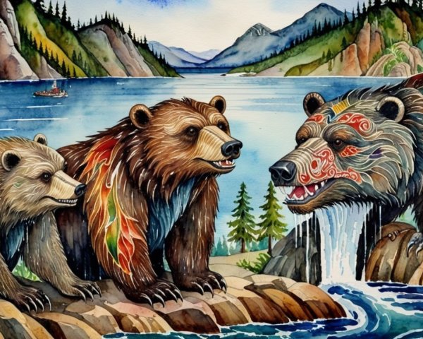Three Bears by a Serene Lake in Mountain Landscape