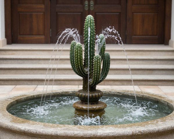 Cactus-Shaped Water Fountain with Stone Basin and Steps