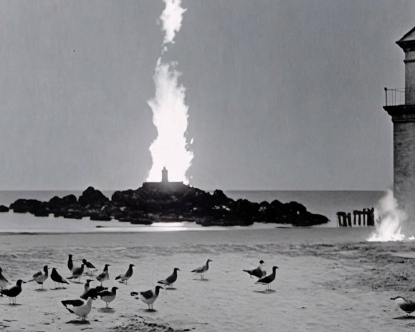 Serene Beach Scene with Flame and Seagulls in Contrast
