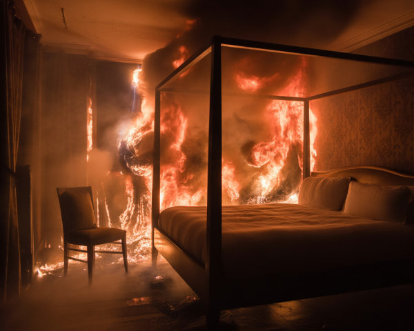 Bedroom on Fire with Four-Poster Bed and Smoke
