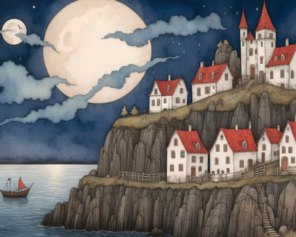 Moonlit Coastal Village with Charming Houses and Stars