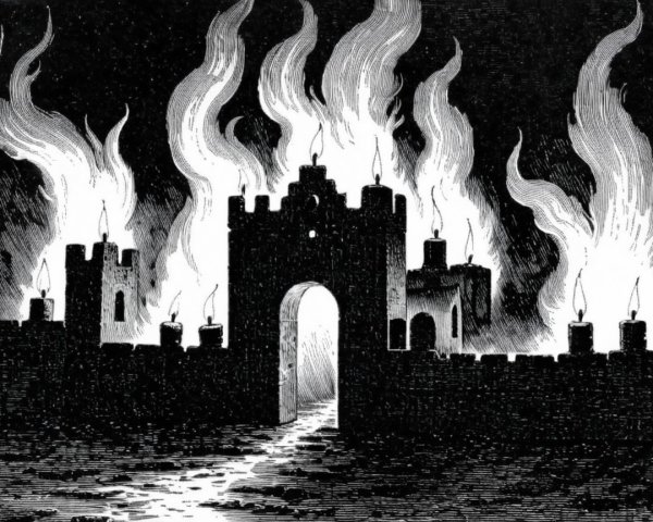 Castle in Flames Surrounded by Thick Smoke and Darkness