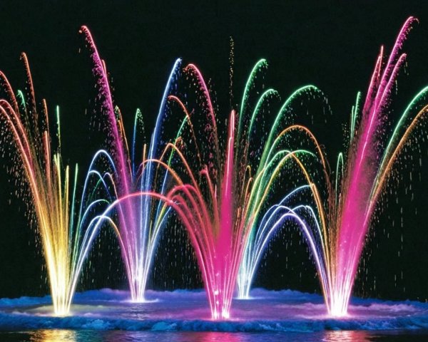 Colorful Water Fountains Illuminate Night Sky