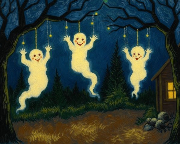 Cheerful Ghosts in a Moonlit Forest Scene