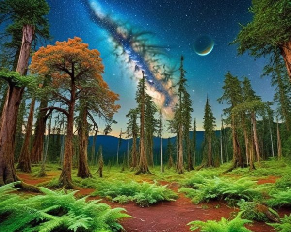 Forest Scene with Milky Way and Autumn Foliage