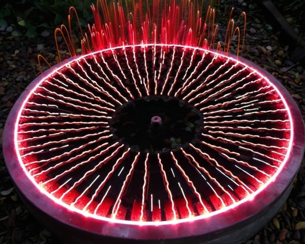 Circular fountain with illuminated water jets and greenery