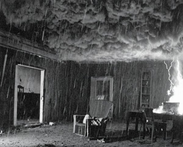 Abandoned Room in Storm with Lightning and Flames