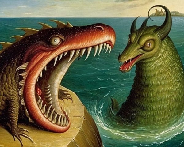 Mythical Sea Creatures in Dramatic Confrontation Scene