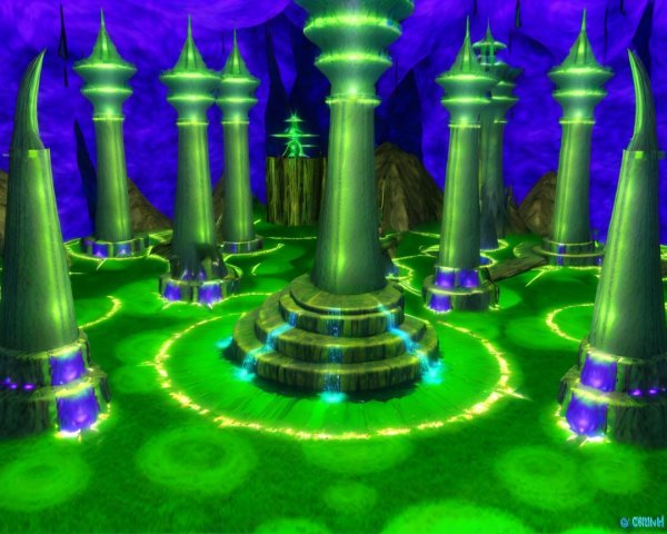 Vibrant Otherworldly Cavern with Green Pillars
