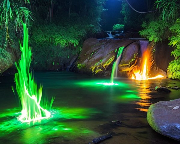 Serene Stream with Colorful Waterfalls in Lush Greenery