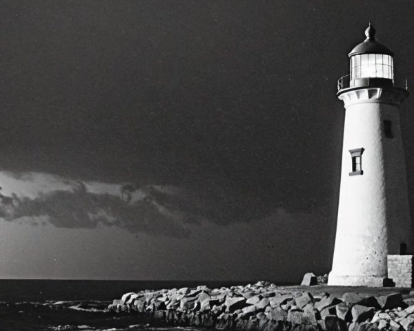 Tall White Lighthouse on Rocky Shore Under Stormy Sky