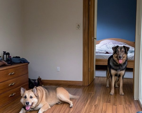 Dogs in a Cozy Room with Wooden Flooring and Dresser