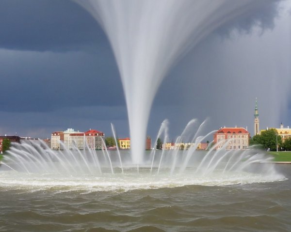 Fountain with Water Spray Against Dramatic Cloudscape