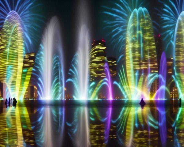 Colorful Nighttime Water Fountain Display in Urban Setting