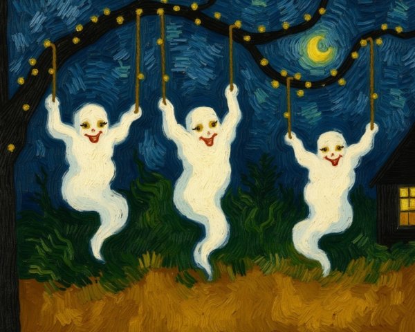 Cheerful Cartoon Ghosts in a Whimsical Halloween Scene