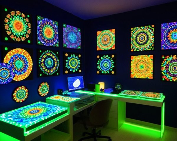 Vibrant Modern Workspace with Psychedelic Wall Art