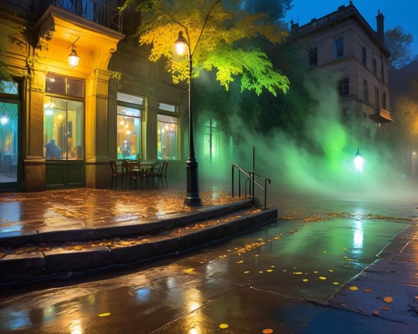 Misty Evening Street Scene with Glowing Lamps