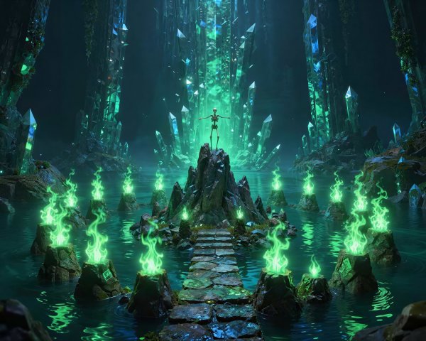 Skeletal Figure on Rocky Outcrop in Dark Lake Scene