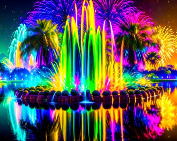 Colorful Fountain and Fireworks Create Enchanting Scene
