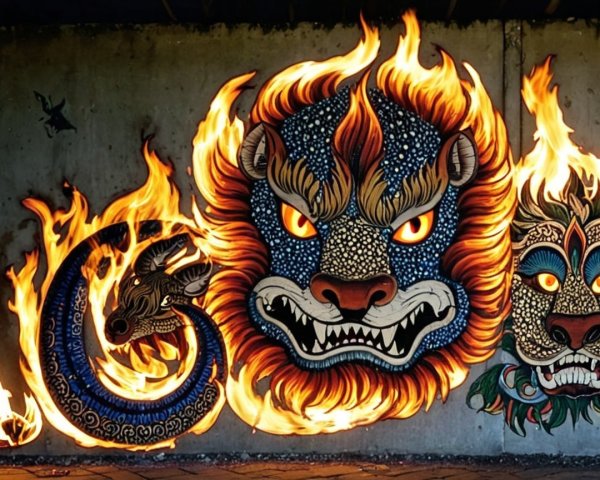 Vibrant Mural of Mythical Creatures with Fiery Colors
