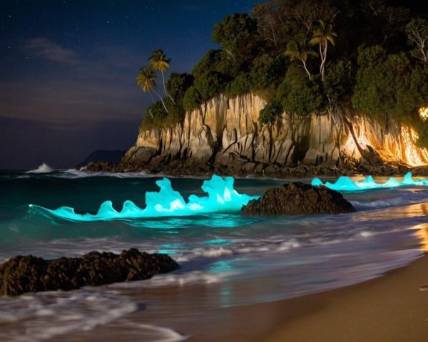 Serene Night Beach Scene with Turquoise Waves and Stars