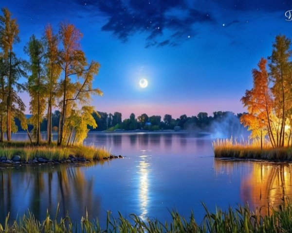 Tranquil Lakeside Scene at Dusk with Autumn Foliage