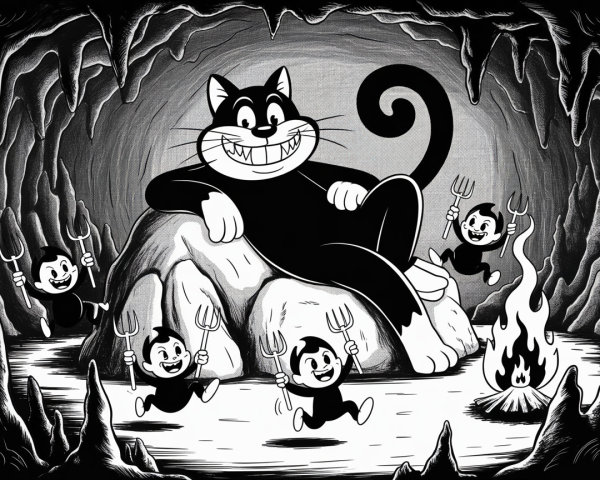 Mischievous Cat Among Dancing Impish Characters