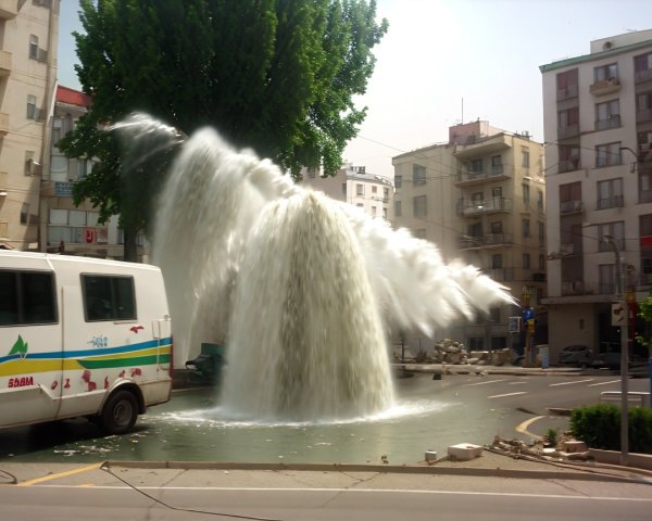 Dramatic Fountain Erupts in Urban Street Scene