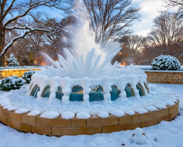 Fountain in a serene winter landscape with snow