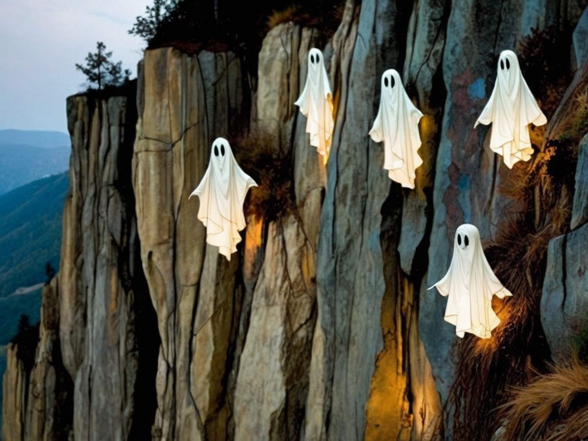 Luminous Ghostly Figures on a Rugged Cliff at Sunset