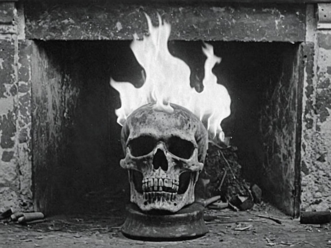 Skull in front of fireplace with dramatic flames