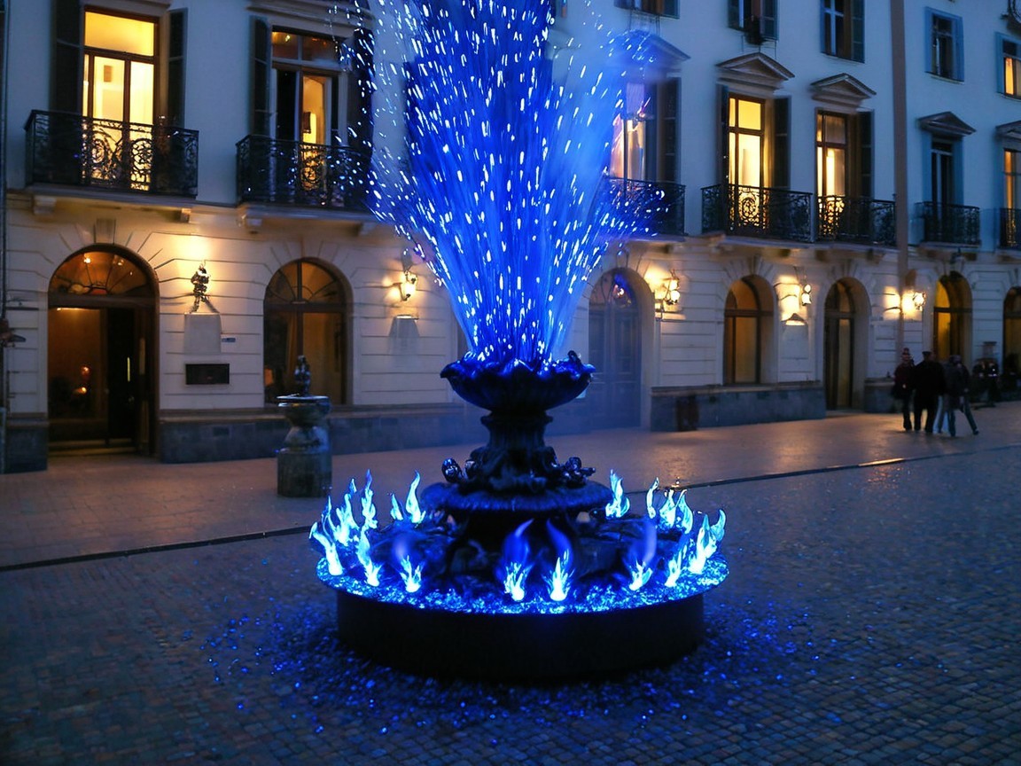 Urban Fountain with Vibrant Blue Water Jets and Lights