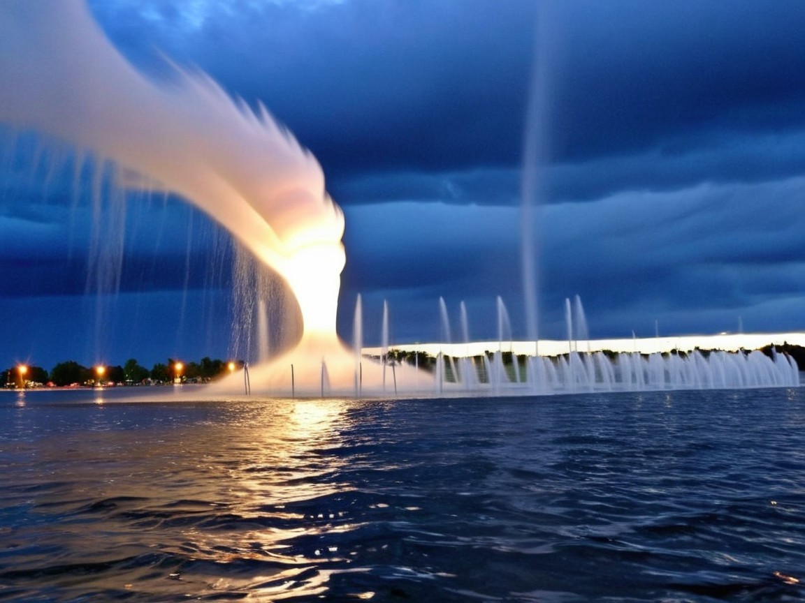 Fountain Water Spray Against Dark Cloudy Sky