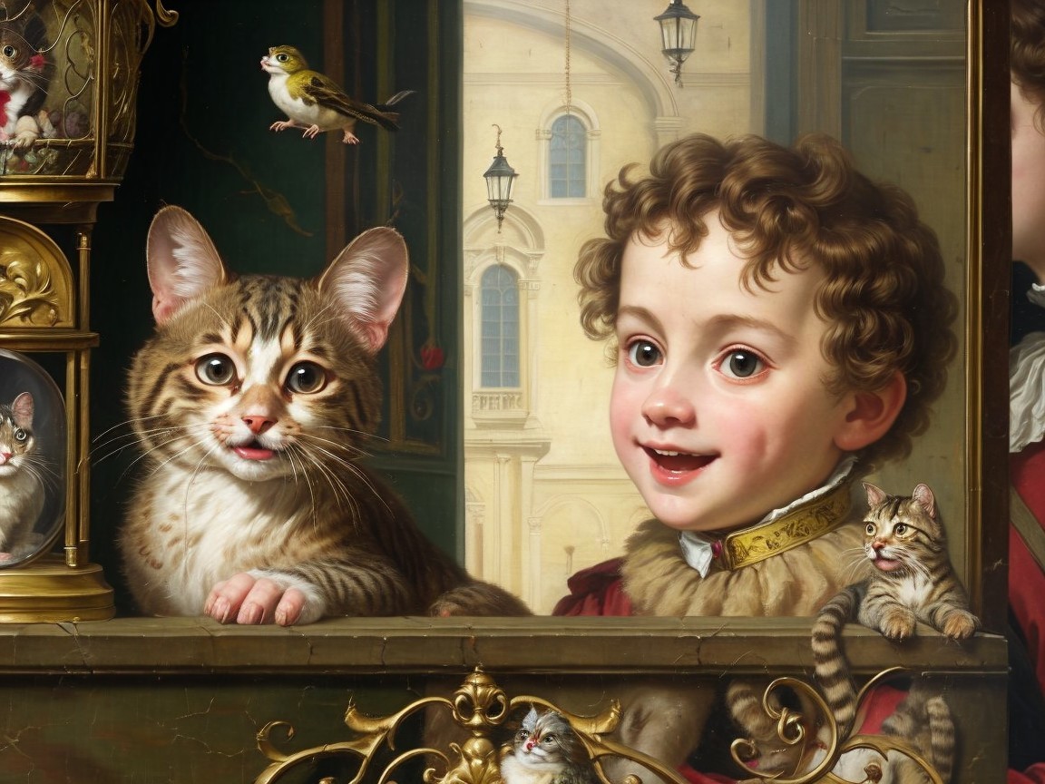 Portrait of a Young Boy with a Bengal Cat and Kittens