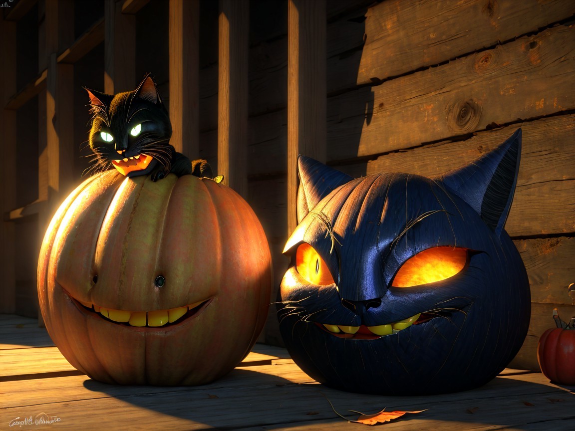 Whimsical Pumpkins with Mischievous Faces in Autumn