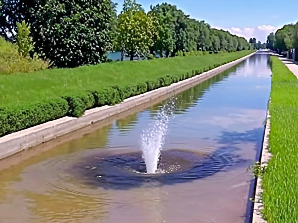 Serene Landscape with Waterway and Fountain