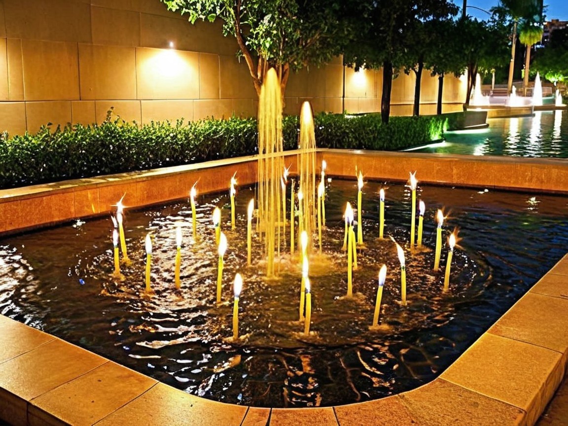 Serene Nighttime Fountain with Soft Lighting and Foliage