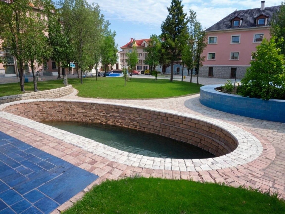 Serene park with stone water feature and pathways